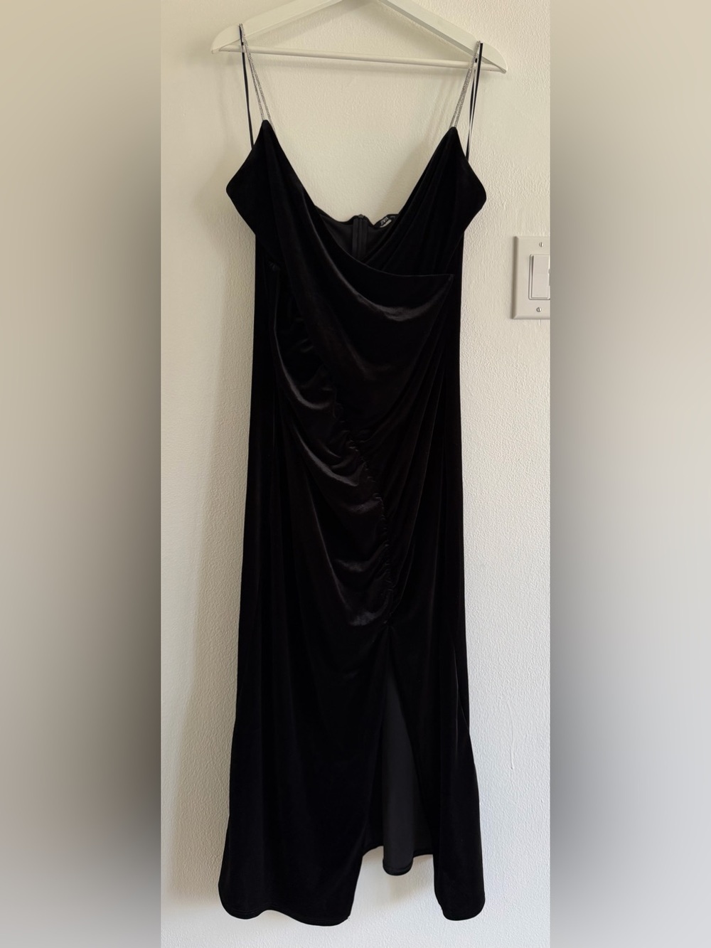 Zara Black Velvet Draped Maxi Slip Dress with Thin Straps